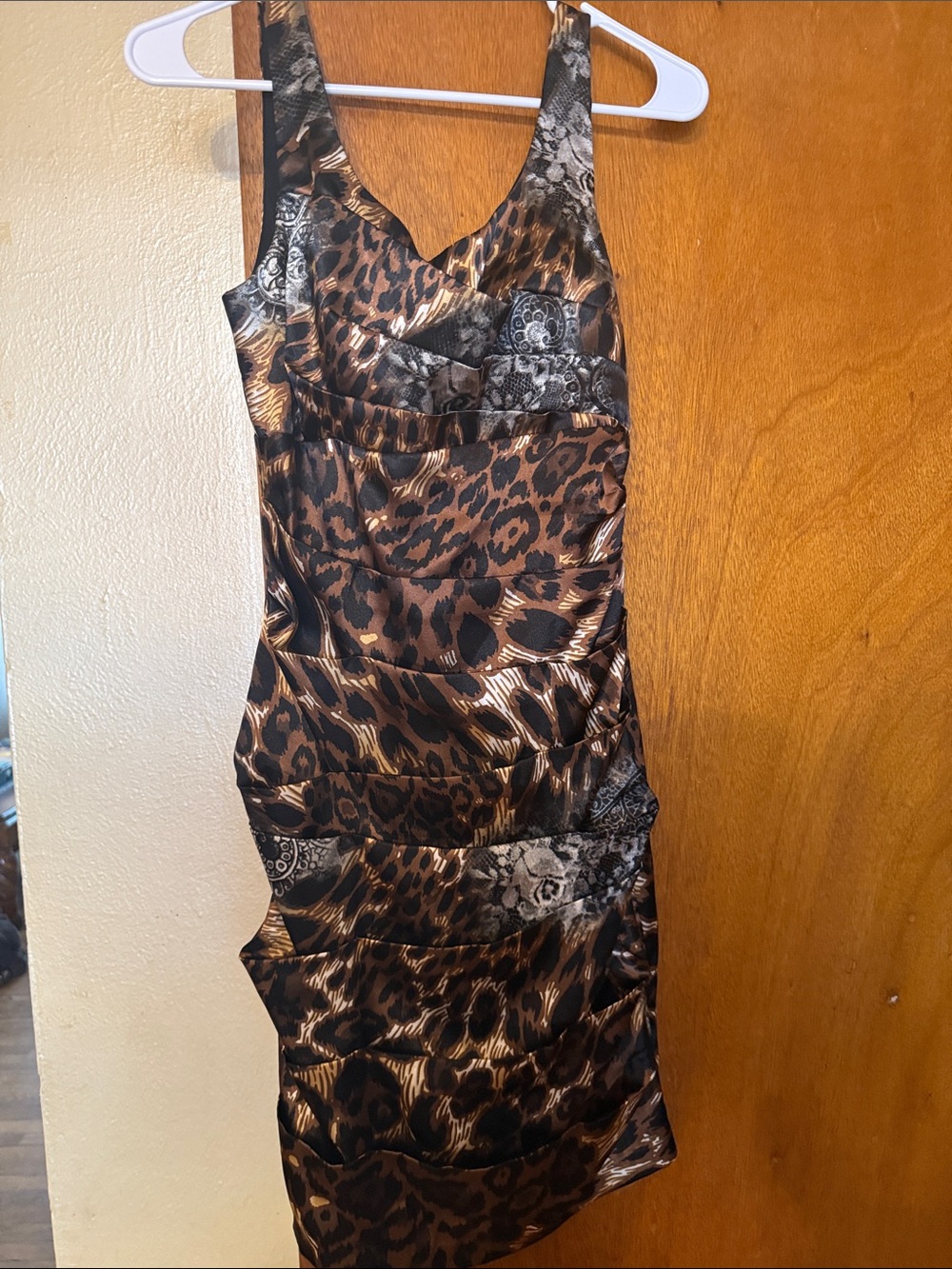 B. Smart Brown and Black Leopard Print Satin Dress
